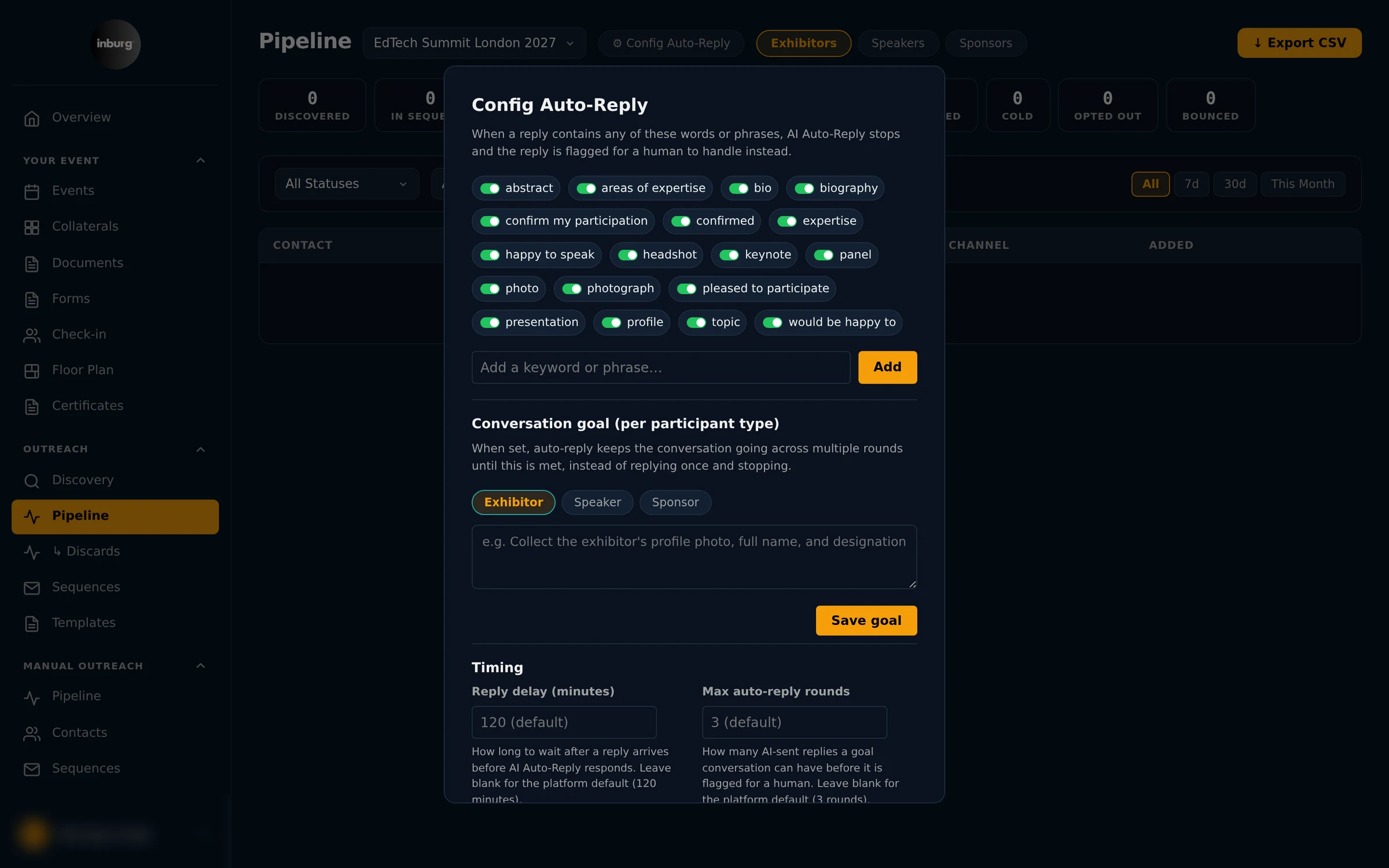Inburg Auto-Reply configuration: stop-keyword toggles and a conversation goal per participant type, with reply delay and max rounds