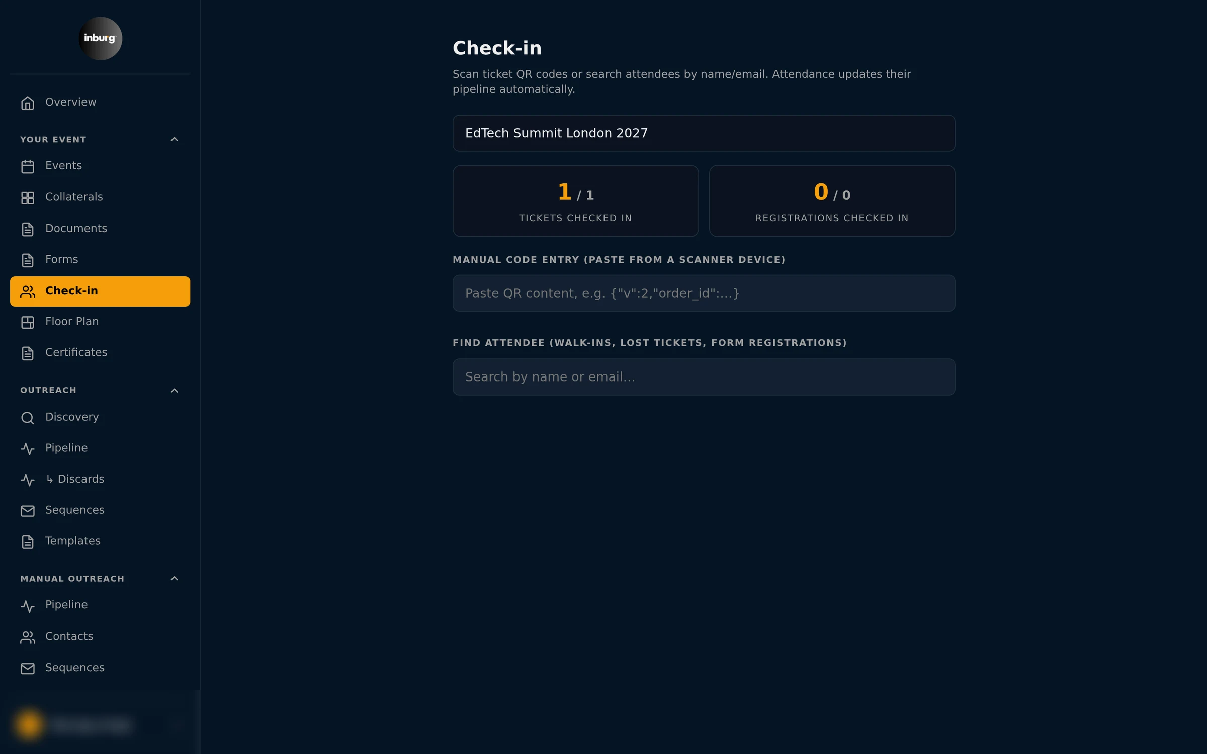 Inburg check-in: scan ticket QR codes or search attendees, tickets and registrations checked in live