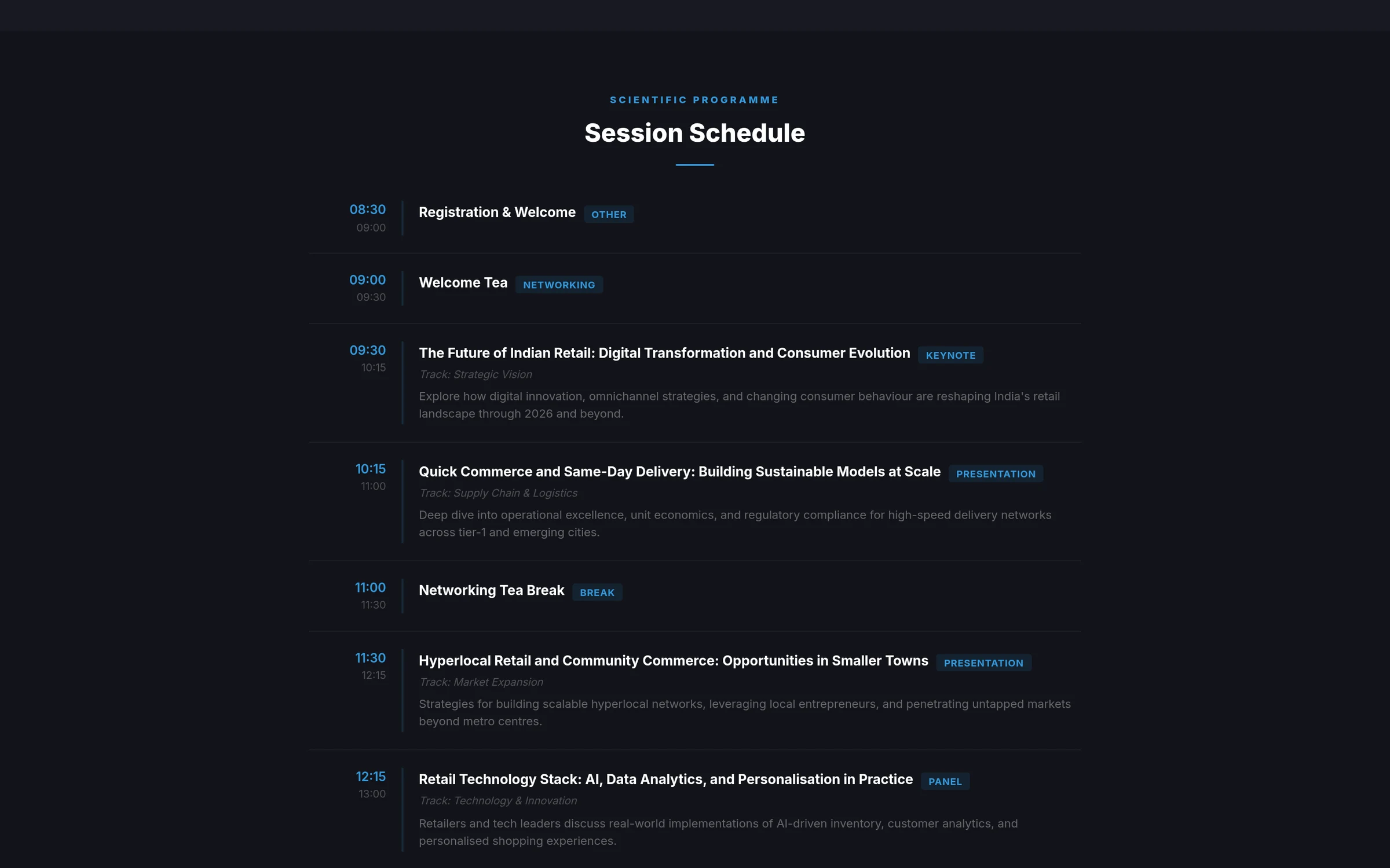 The same event page scrolled to the session schedule: keynotes, panels and networking sessions by track