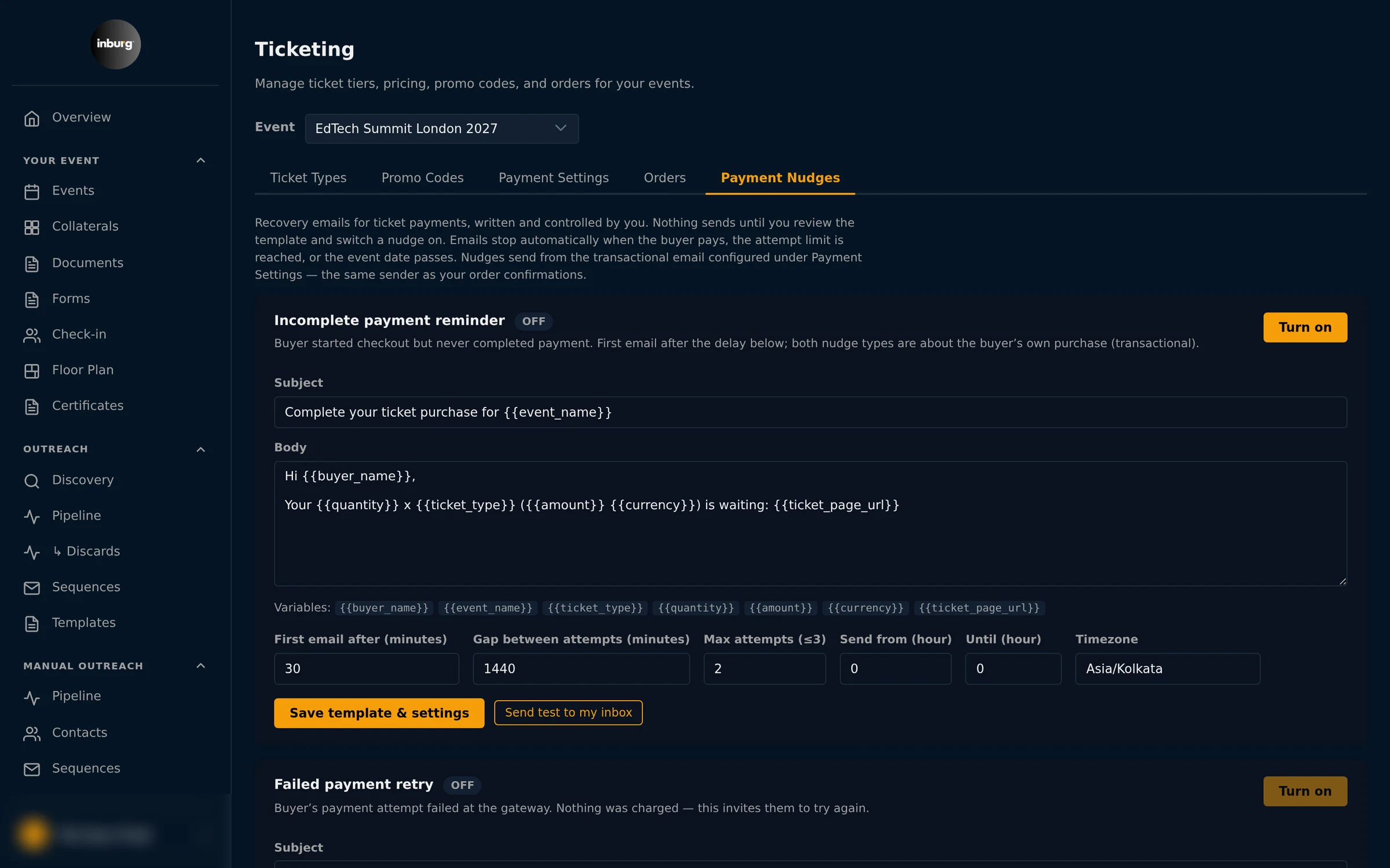 Inburg payment recovery: templated reminder emails for incomplete and failed ticket payments with attempt caps and quiet hours