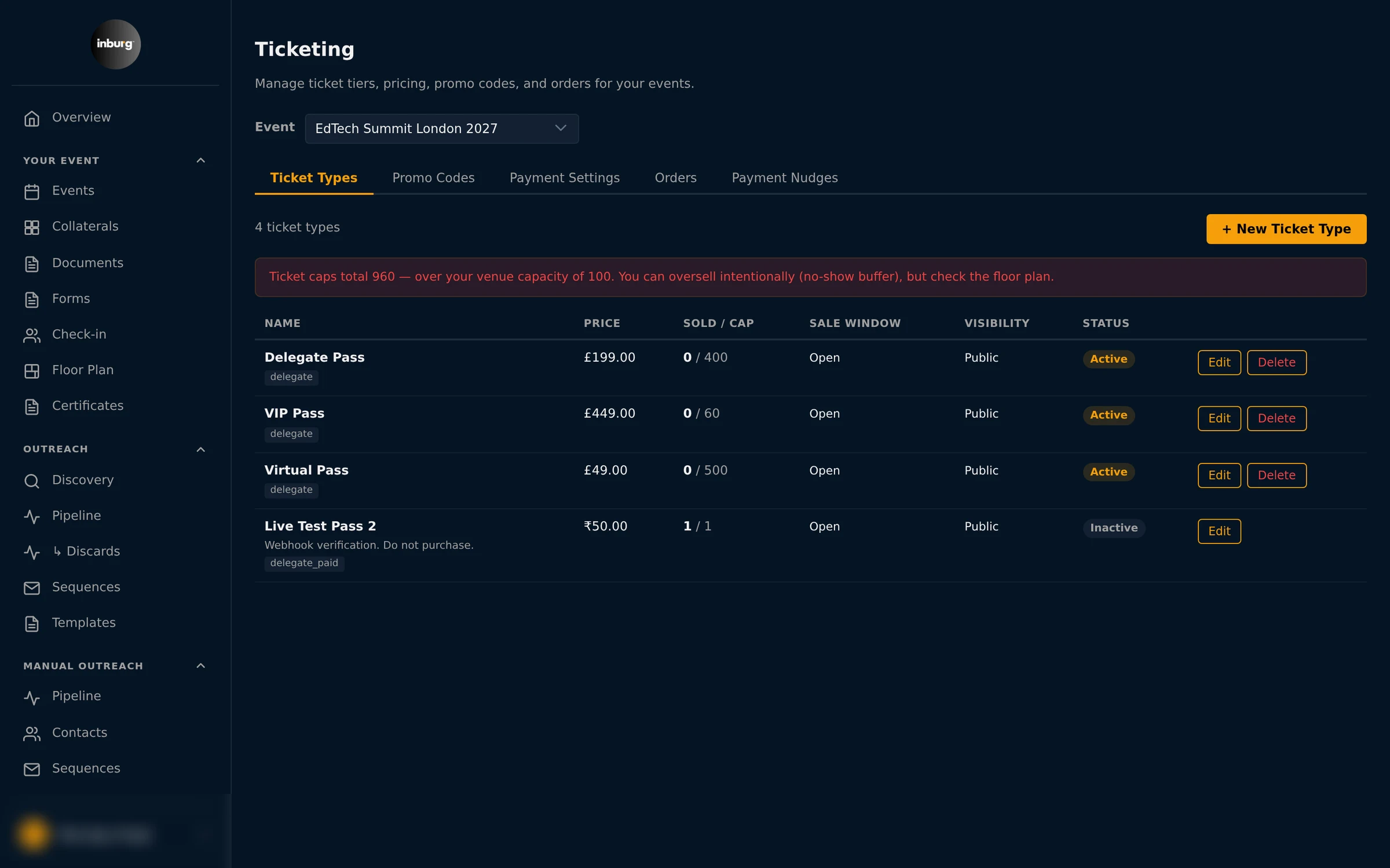 Inburg ticketing: ticket tiers, pricing, caps and sale windows for one event